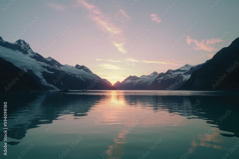 Sunset over Glacier bay. Generative AI.