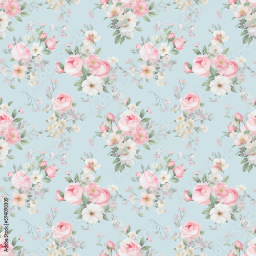 Pink roses on blue background seamless pattern Generative AI