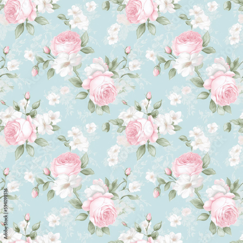 Pink roses on blue background seamless pattern Generative AI © Lana_M