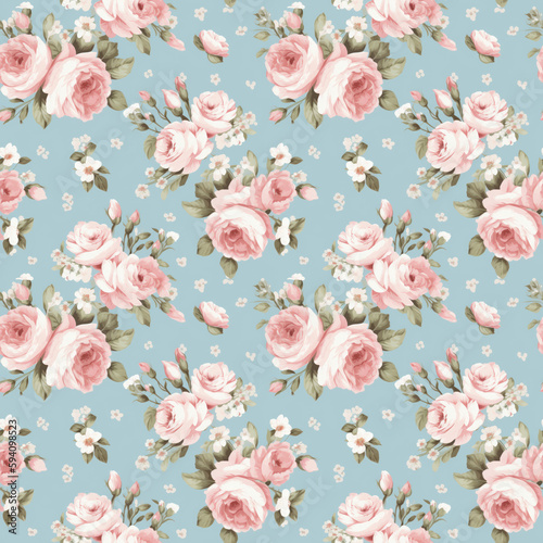 Pink roses on blue background seamless pattern Generative AI