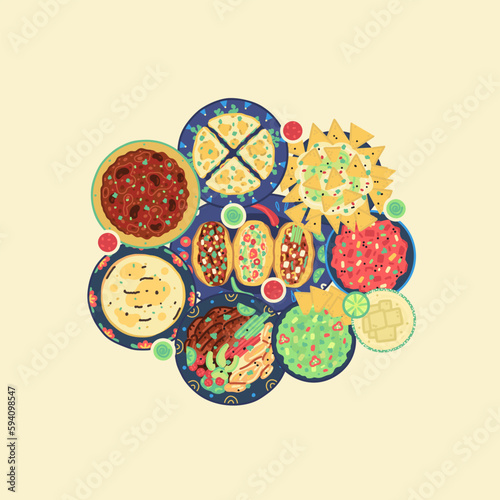 Vector illustration of traditional mexican food. Mexican cuisine. Tacos, tortilla, quesadilla, fajitas, nachos, guacamole, salsa, margarita, chili con carne. Hand drawn design for poster, menu, cover