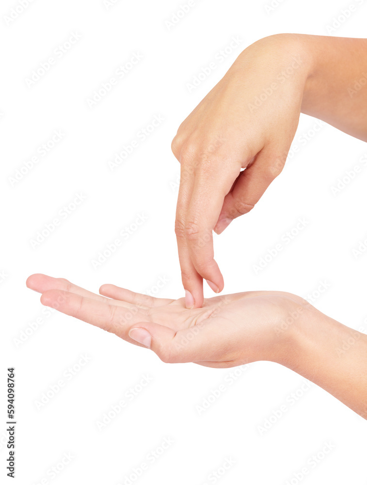 Hands, sign and fingers walking on a palm in studio for direction or navigation. Hand, forward and gesture by female showing walk, step and body language while isolated on transparent png background