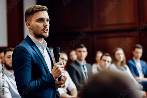 Man speaking at a business conference or product presentation. Business and entrepreneurship symposium. High quality generative ai