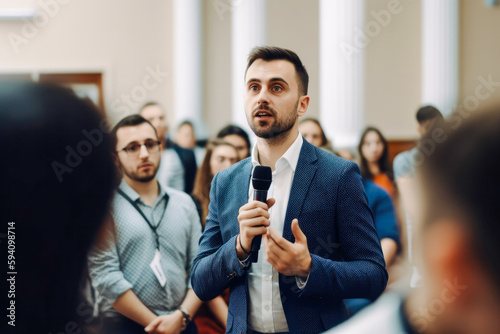 Man speaking at a business conference or product presentation. Business and entrepreneurship symposium. High quality generative ai photo
