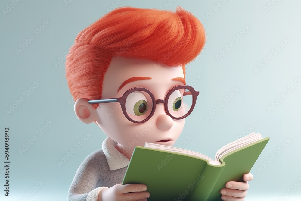 Little boy cartoon character 3D reading a book. Generative AI illustration Little boy cartoon character 3D reading a book. Generative AI illustration