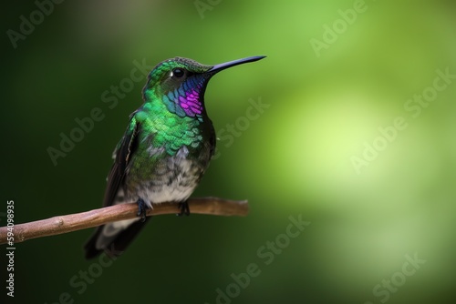 Colorful hummingbird posing on tree branch. Copy space. Generative AI