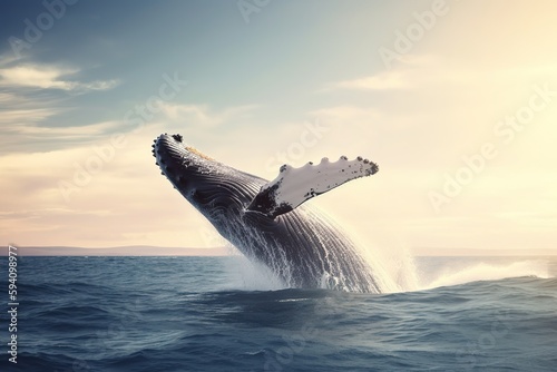 Humpback whale jumping in the ocean. Generative AI © Pajaros Volando