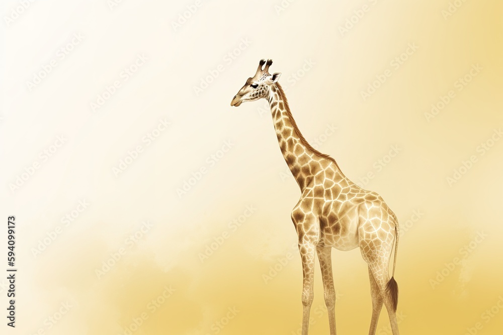 Giraffe illustration of tall giraffe over yellow background with copy space. Generative AI