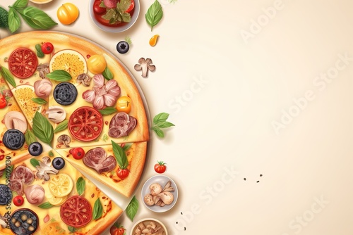 Digital banner illustration of pizza layout with copy space. Generative AI