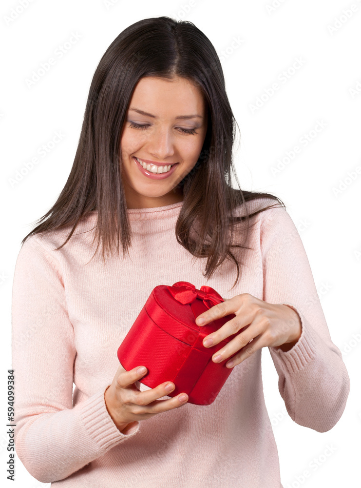 Smiling woman with gift box on background Smiling woman with gift box on background