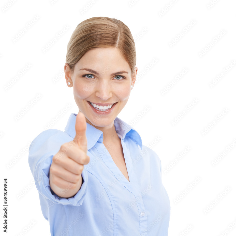 Business woman, portrait and thumbs up for winning, success and thank you for support. Happy, female worker and hand emoji for sale, deal or agreement isolated on a transparent png background Business woman, portrait and thumbs up for winning, success and thank you for support. Happy, female worker and hand emoji for sale, deal or agreement isolated on a transparent png background
