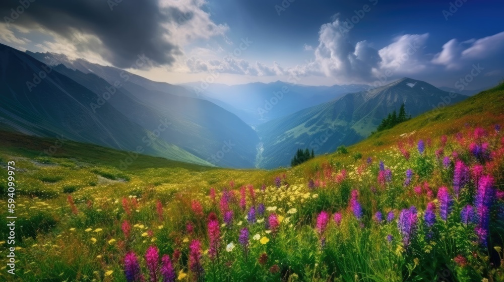 Beautiful scenic flower fields at the mountains
