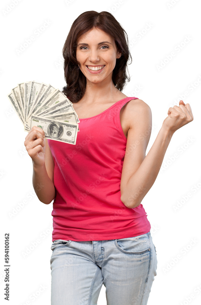 Pretty young business woman holding money isolated on white background Pretty young business woman holding money isolated on white background