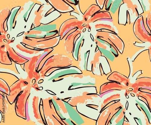 Summer floral pattern looking like unfinished watercolors, tropical leaves pattern perfect for textiles and decoration