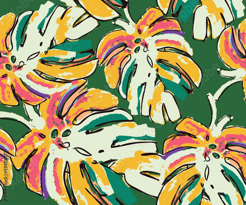 Summer floral pattern looking like unfinished watercolors, tropical leaves pattern perfect for textiles and decoration