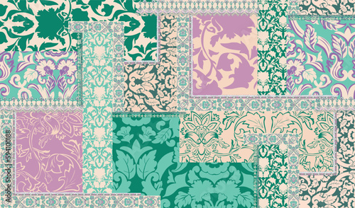 patchwork floral pattern with paisley and indian flower motifs. damask style pattern for textil and decoration
