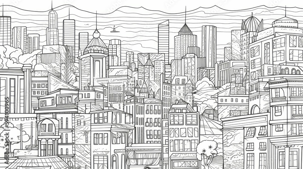 City Limits Monochromatic Line Art Illustration