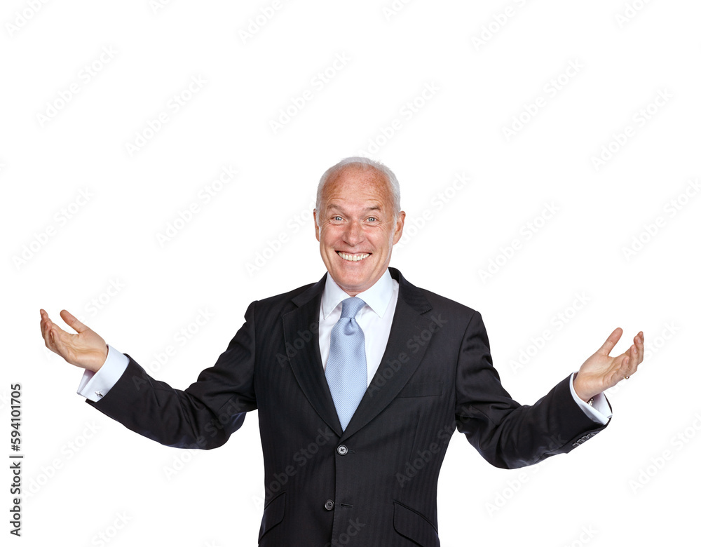 Senior business man, arms raised and smile in portrait for success isolated on transparent, png background. Happy in career with goals, professional satisfaction and male corporate executive Senior business man, arms raised and smile in portrait for success isolated on transparent, png background. Happy in career with goals, professional satisfaction and male corporate executive