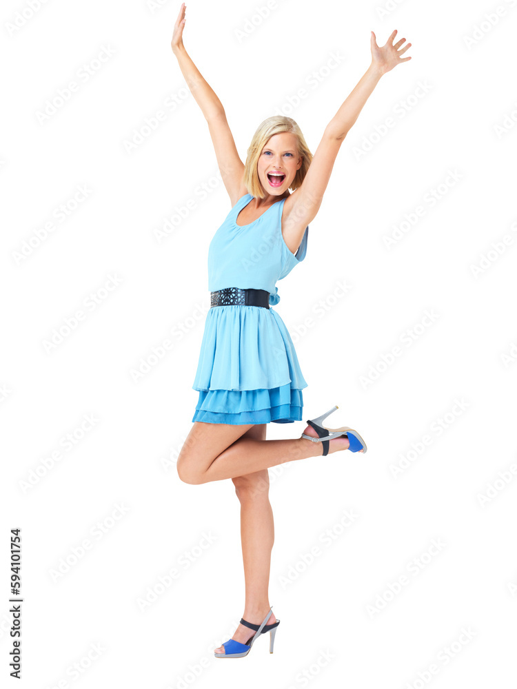 Excited, wow and energy with portrait of woman with celebration, motivation and success. Freedom, comic and smile of a young female model with happiness and isolated on transparent, png background Excited, wow and energy with portrait of woman with celebration, motivation and success. Freedom, comic and smile of a young female model with happiness and isolated on transparent, png background