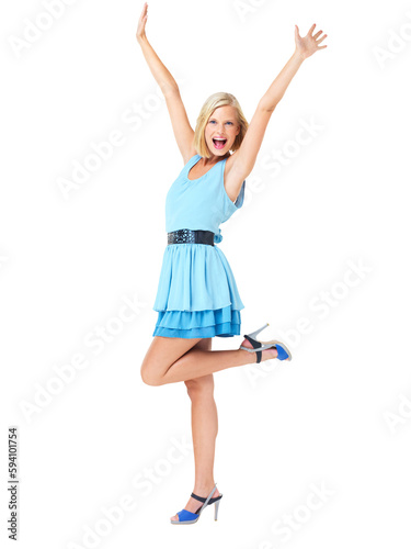 Excited, wow and energy with portrait of woman with celebration, motivation and success. Freedom, comic and smile of a young female model with happiness and isolated on transparent, png background