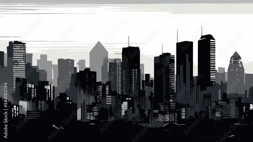 Detailed monochromatic cityscape silhouette