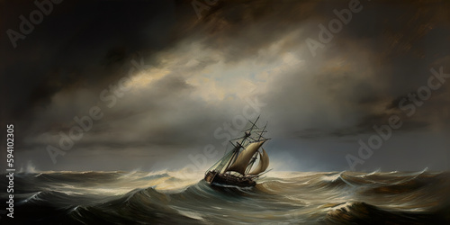 Fotografering A painting of a ship in a stormy sea. AI generative image