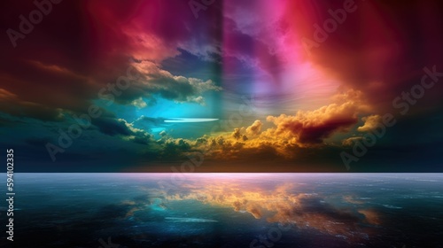 Surreal sunset over the horizon with vibrant colors and radiant light
