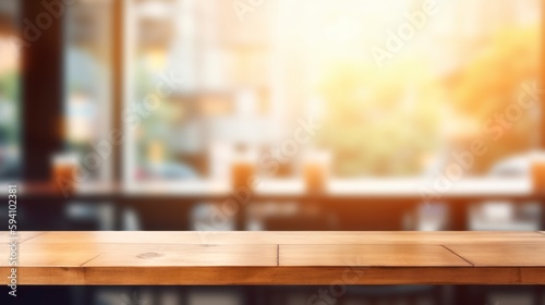 empty wooden table setting in restaurant  copy space  product displacement blurred street background  bokeh filled lights rustic cafe environment  generative ai