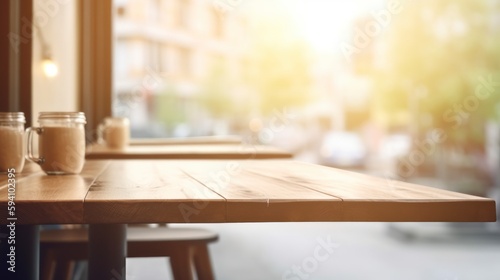 empty wooden table setting in restaurant  copy space  product displacement blurred street background  bokeh filled lights rustic cafe environment  generative ai