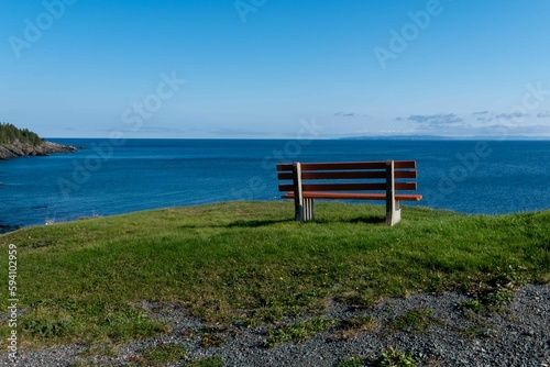 A brown wooden bench with concrete bases on a hill overlooking the blue ocean. The coastline is rocky with jagged rocks. The coast is covered in green evergreen trees. The water is calm blue.