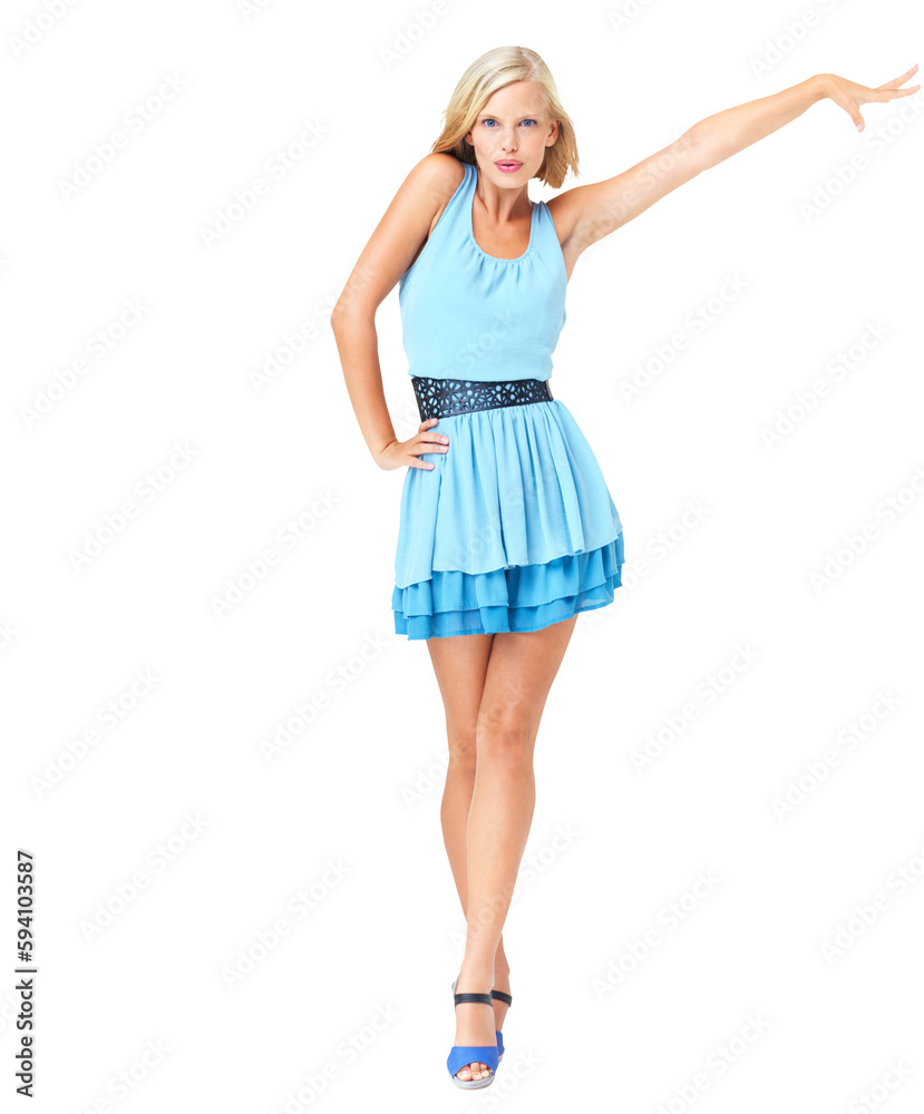 Woman, pose in portrait with fashion and confidence, model with beauty isolated on transparent or png background. Confident, young female and blue dress in high heel shoes, stylish and designer brand Woman, pose in portrait with fashion and confidence, model with beauty isolated on transparent or png background. Confident, young female and blue dress in high heel shoes, stylish and designer brand