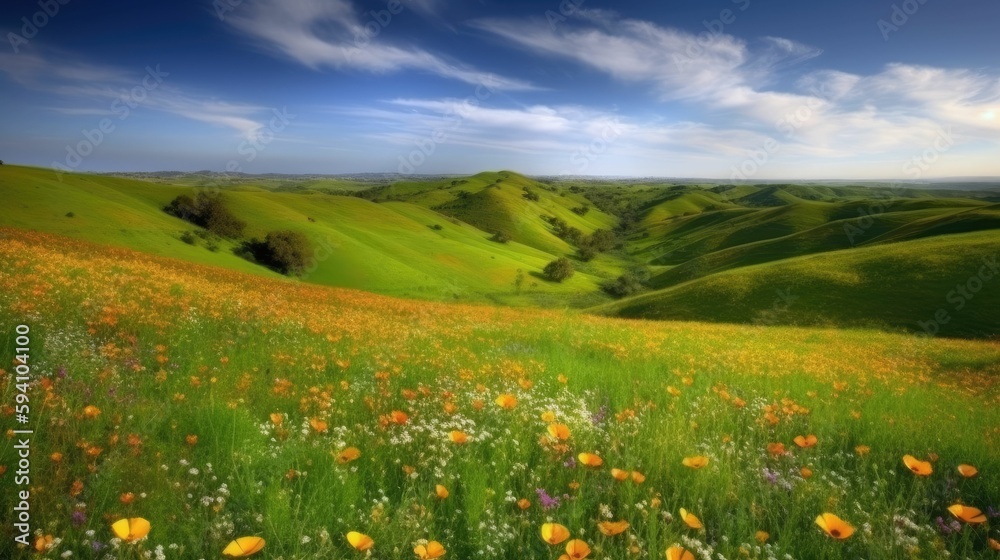 Scenic view of rolling hills covered in wildflowers