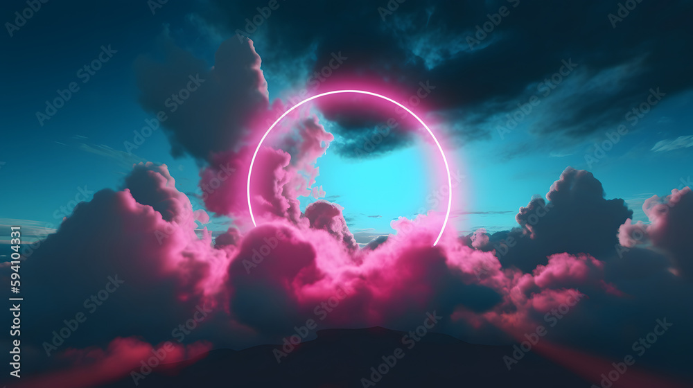 A Heavenly Haven: Pink and Blue Circle Enveloped by Clouds, Glowing with Neon Lights and Positive Vibes, AI Generative A Heavenly Haven: Pink and Blue Circle Enveloped by Clouds, Glowing with Neon Lights and Positive Vibes, AI Generative