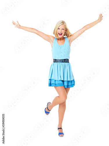 Fashion, excited and portrait of woman with trendy and modern clothes with funky style. Happiness, smile and young female with confidence and happy person isolated on a transparent, png background