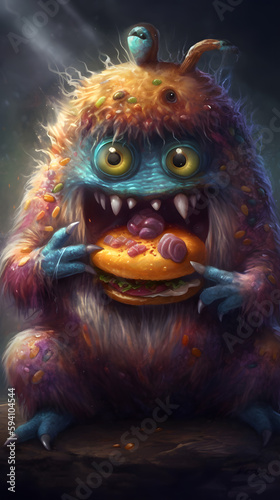 Burgertime with a Fluffy Cute Monster: A Fun and Playful Appetite, AI Generative