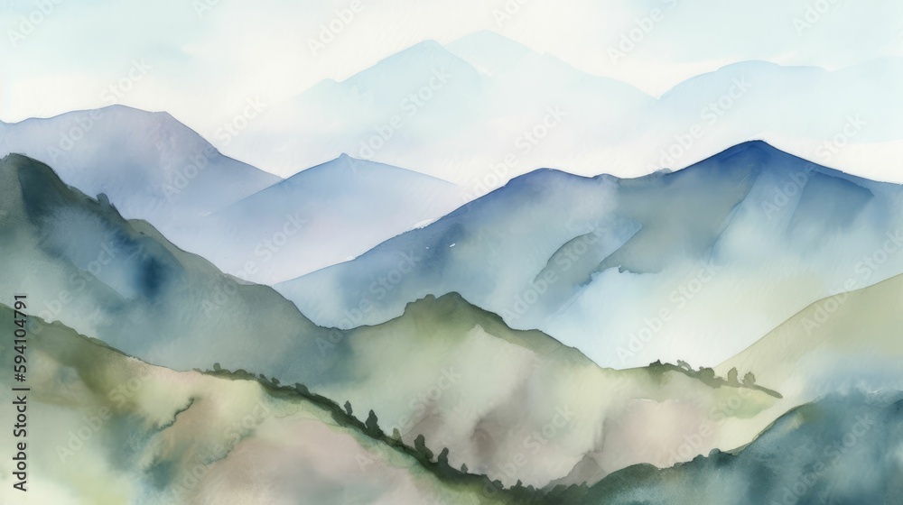 Watercolor artwork of a mountain range in soothing tones