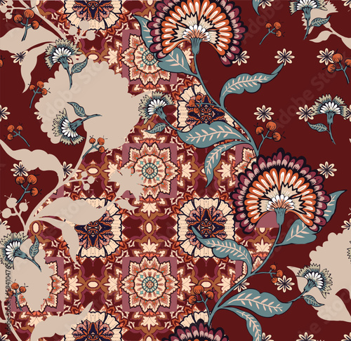 patchwork floral pattern with paisley and indian flower motifs. damask style pattern for textil and decoration