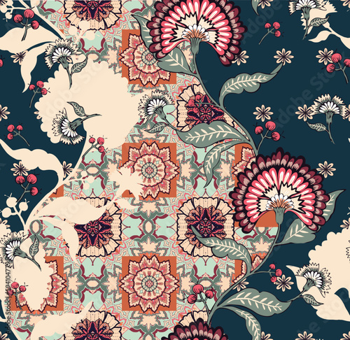 patchwork floral pattern with indian flower motifs. damask style pattern for textil and decoration