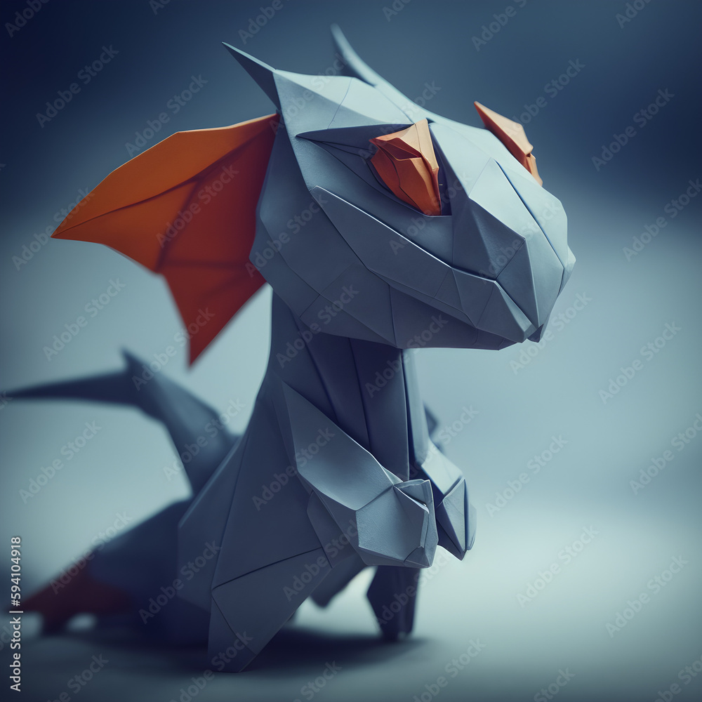 Fototapeta origami dragon, dinosaur on a blue background, generative ai	
