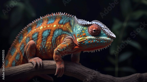Multicolored exotic chameleon on the branch in the rainforest