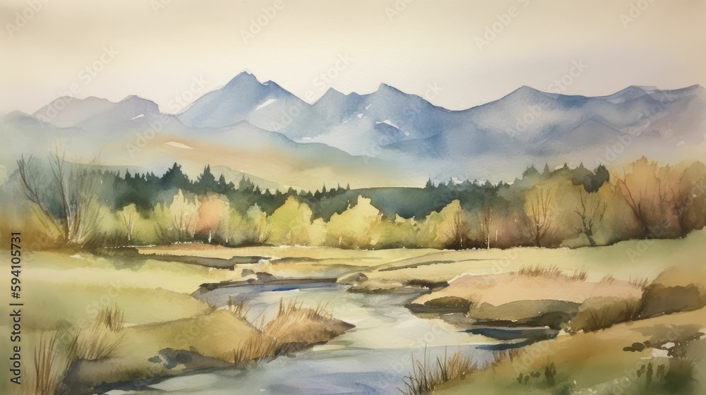 custom made wallpaper toronto digitalWatercolor painting of mountain range with soft colors