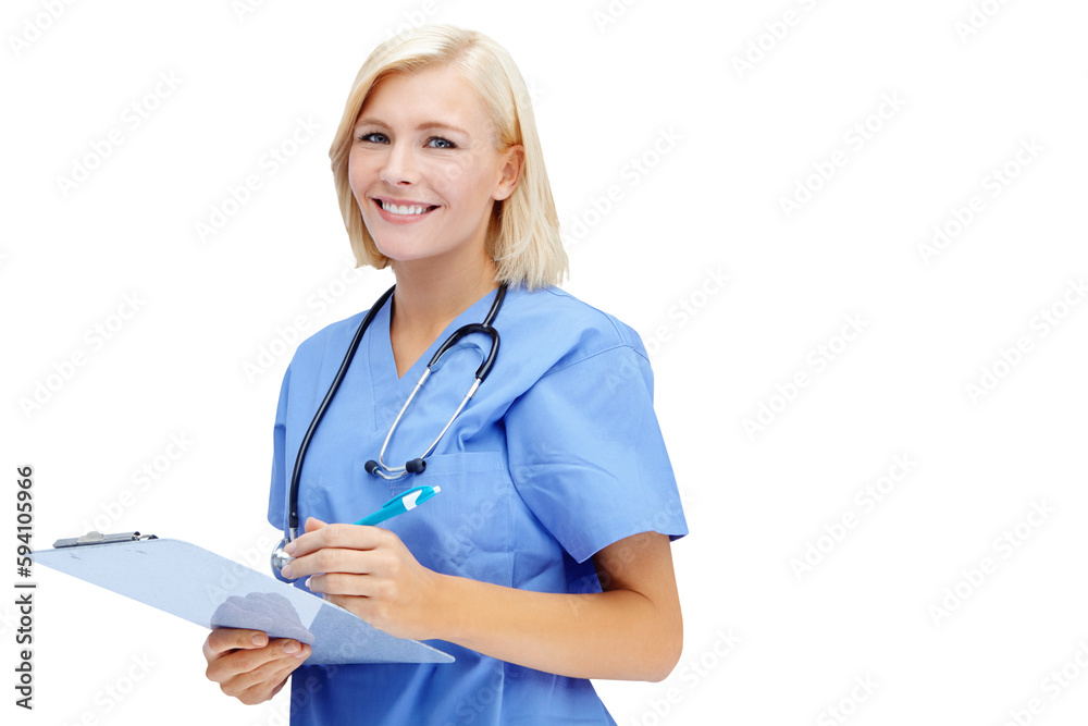 Portrait, clipboard and happy nurse or woman isolated on transparent, png background in healthcare service. Professional, medical person or young doctor with hospital checklist, writing or management Portrait, clipboard and happy nurse or woman isolated on transparent, png background in healthcare service. Professional, medical person or young doctor with hospital checklist, writing or management