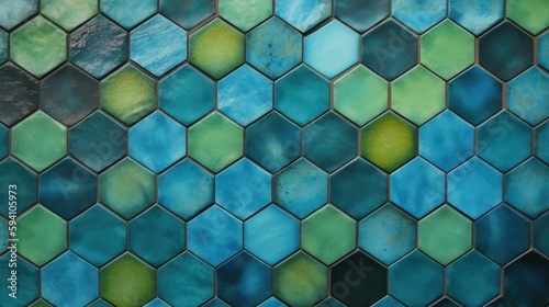 Geometric mosaic of green and blue honeycomb tiles