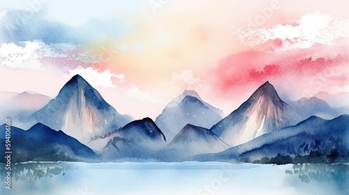 Watercolor Scenery with Soft Lines and Mountain Peaks
