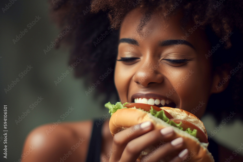 Happy afro-american woman eating hamburger. Generative AI Happy afro-american woman eating hamburger. Generative AI