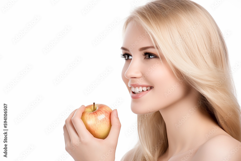 Young beautiful blond woman with an apple, copyspace, banner. Generative AI Young beautiful blond woman with an apple, copyspace, banner. Generative AI