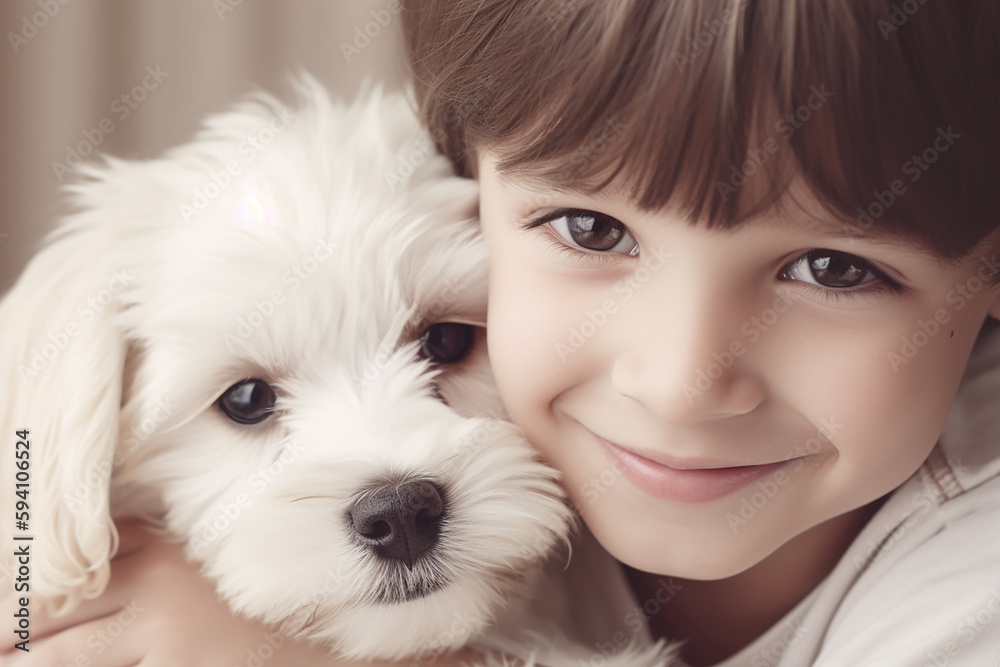 Little kid with a cute puppy. Generative AI Little kid with a cute puppy. Generative AI