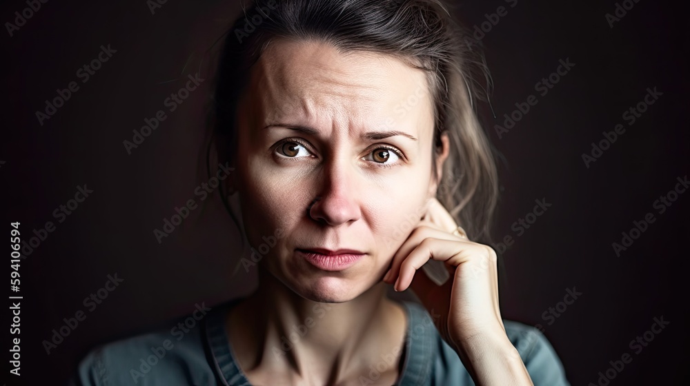Concerned, worried, scared mature woman looking at the camera. Generative AI Concerned, worried, scared mature woman looking at the camera. Generative AI