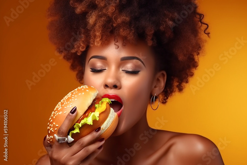 Afro-american woman eating tasty hamburger. Generative AI