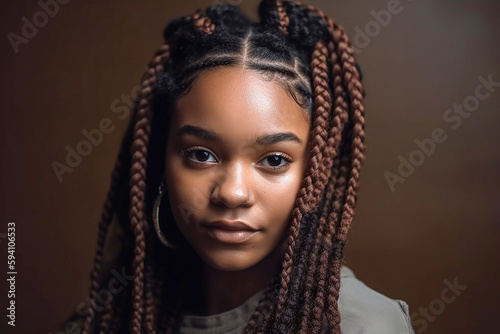 Pretty young afro-american woman with colorful braids on the brown background. Generative AI